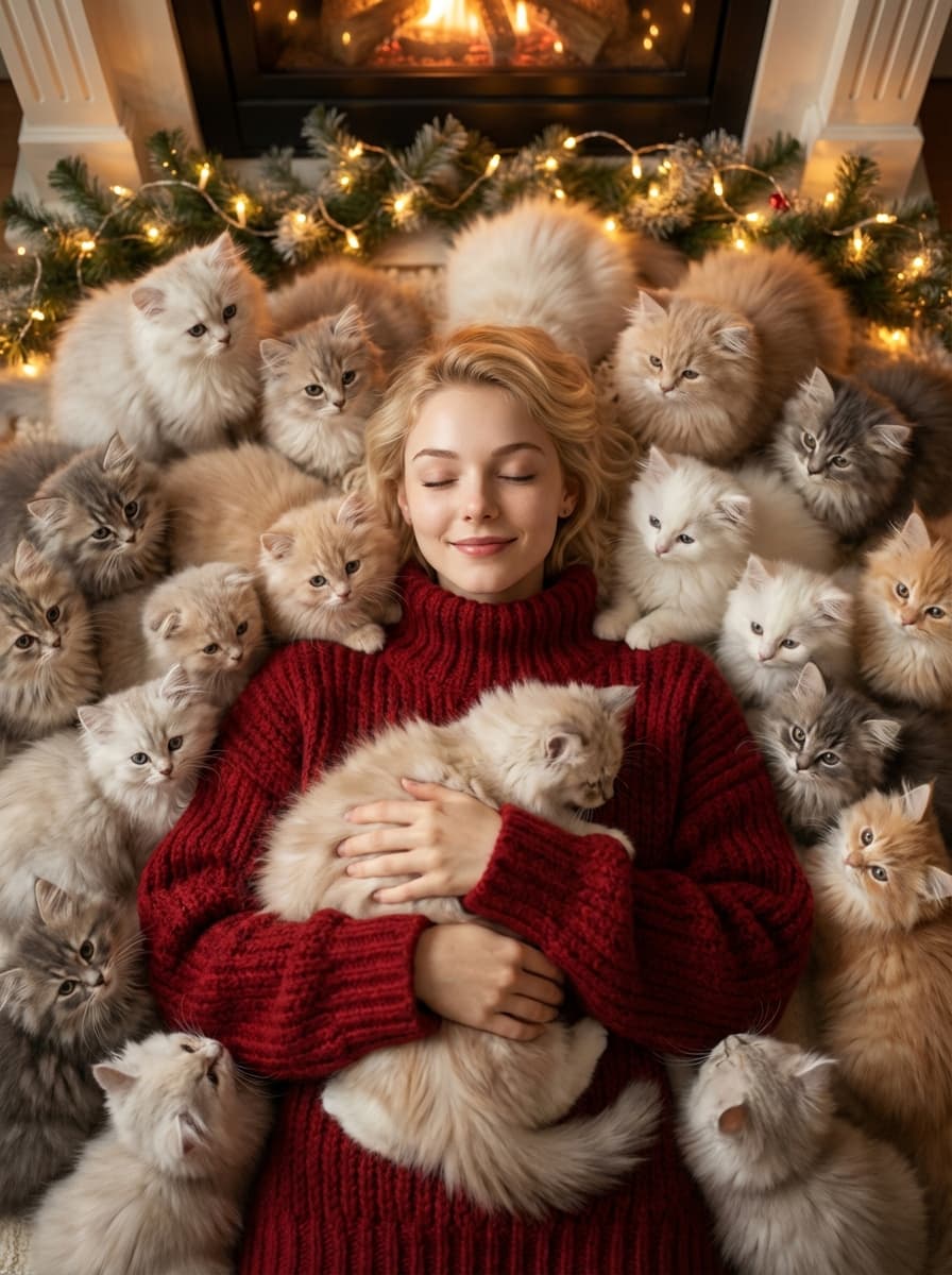 北欧壁炉前被猫猫淹没