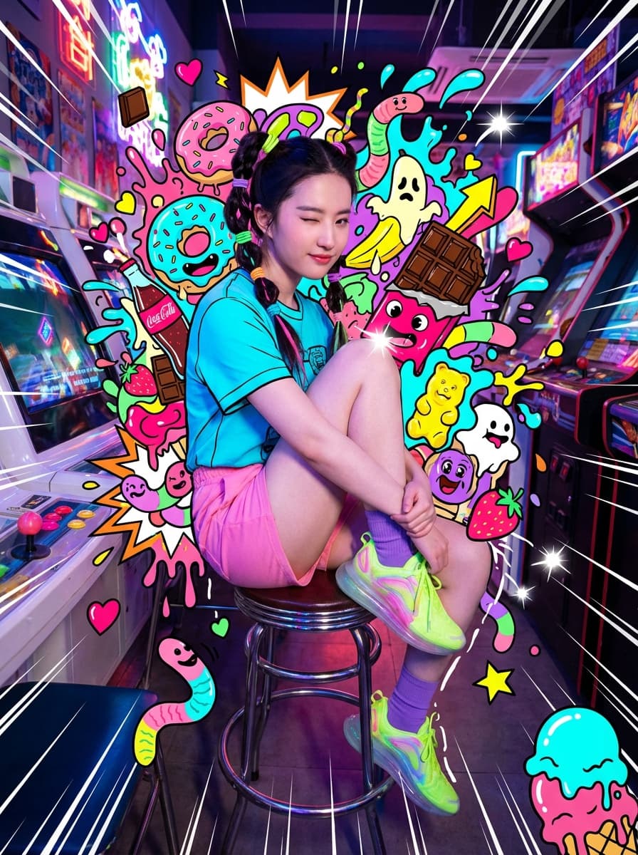 年轻女子侧坐在街机凳上